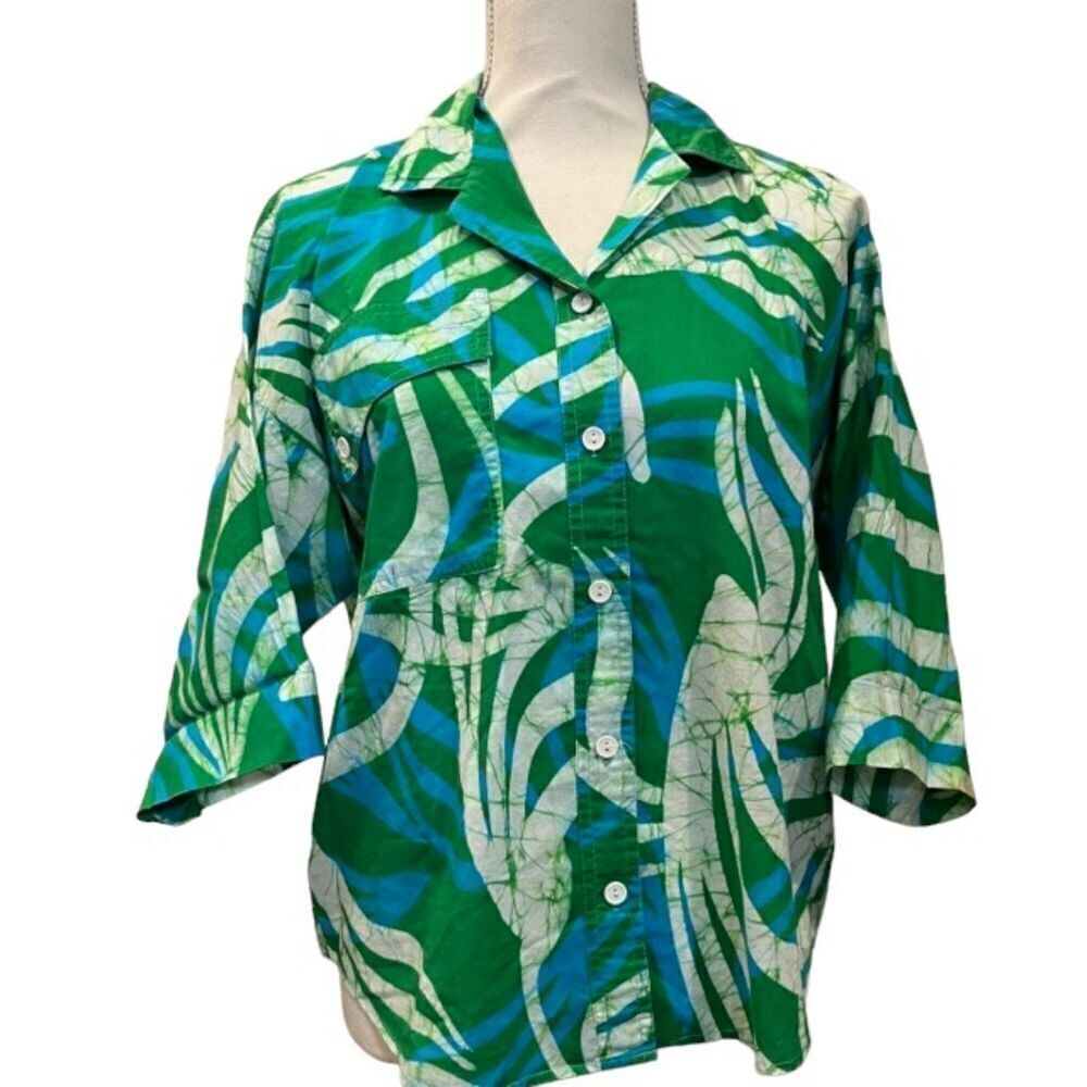 Caribelle Batik St. Kitts Women's Tropical Shirt Green Blue White‎ Palm Size Med